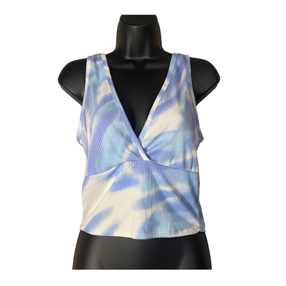 Caution to the Wind Blue White Deep V Neck Sleeveless Tank Top Crop